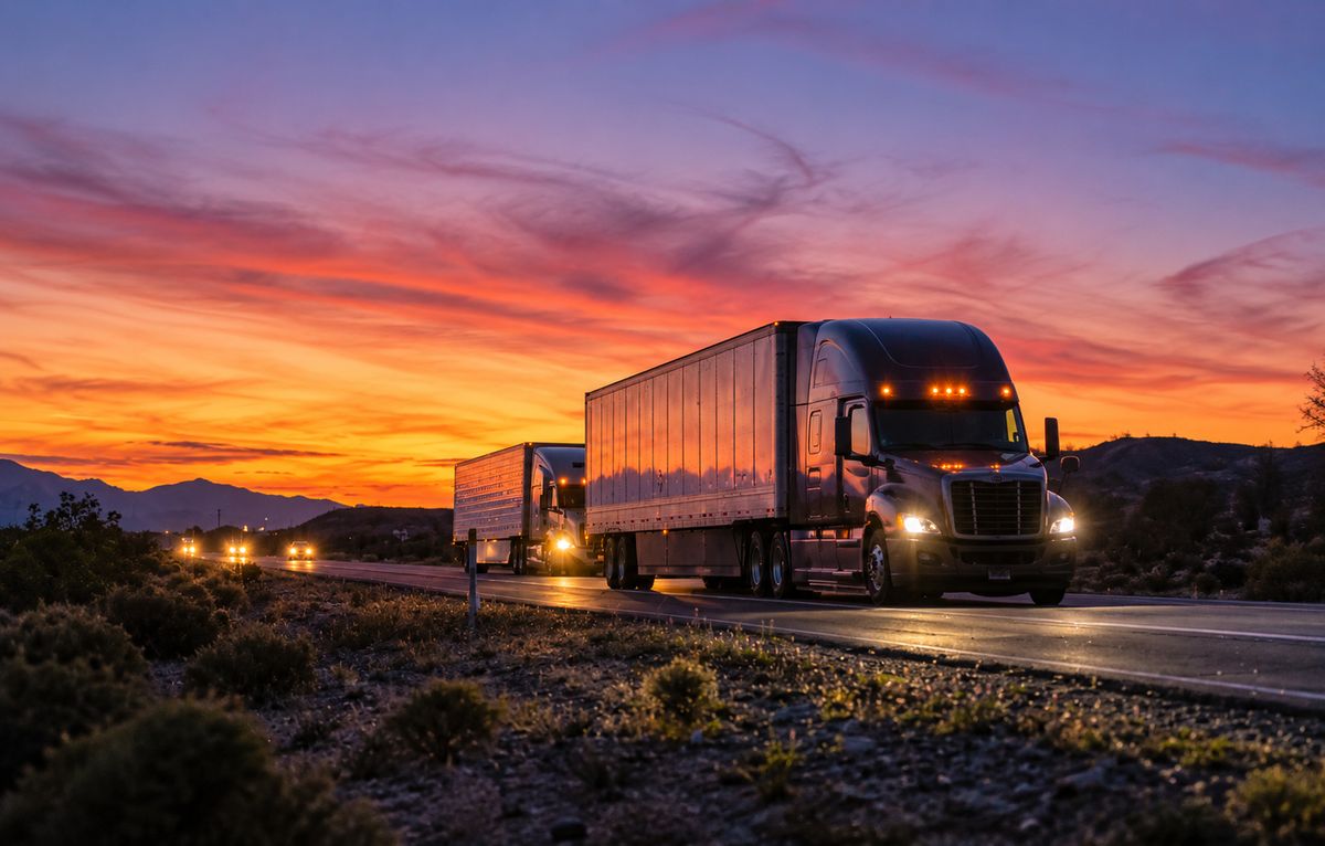 Convoy de tractocamiones circulando por una carretera al atardecer