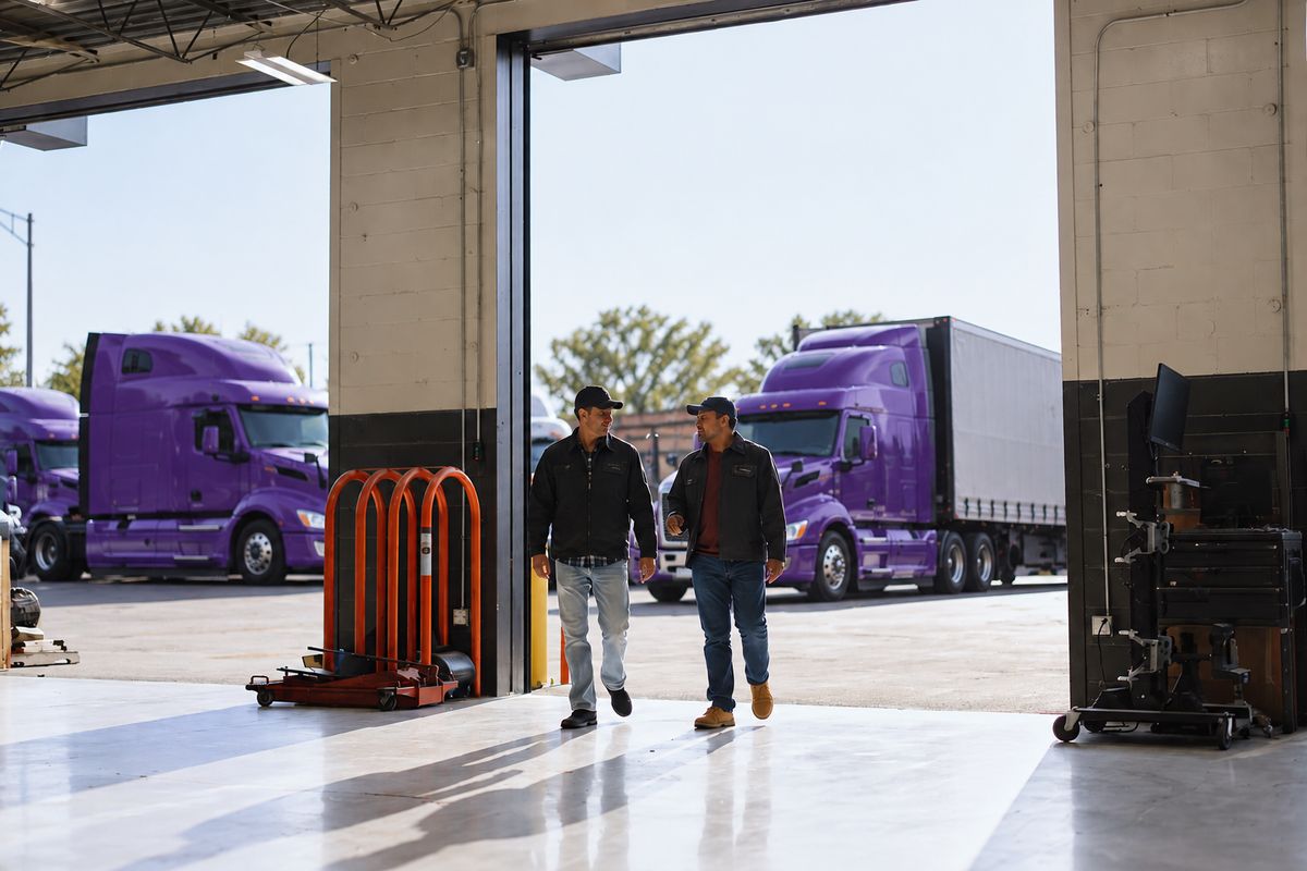 Dos técnicos caminando en el taller con tractocamiones estacionados afuera