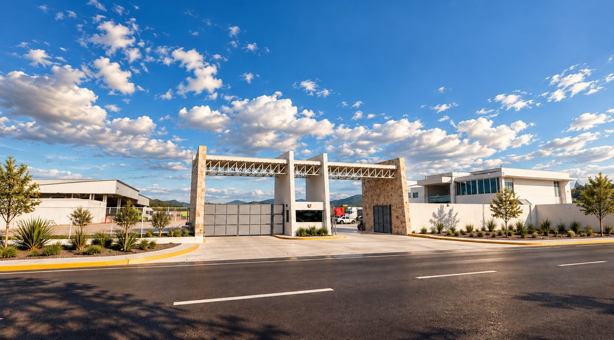 Acceso principal de las instalaciones con portón y caseta de vigilancia