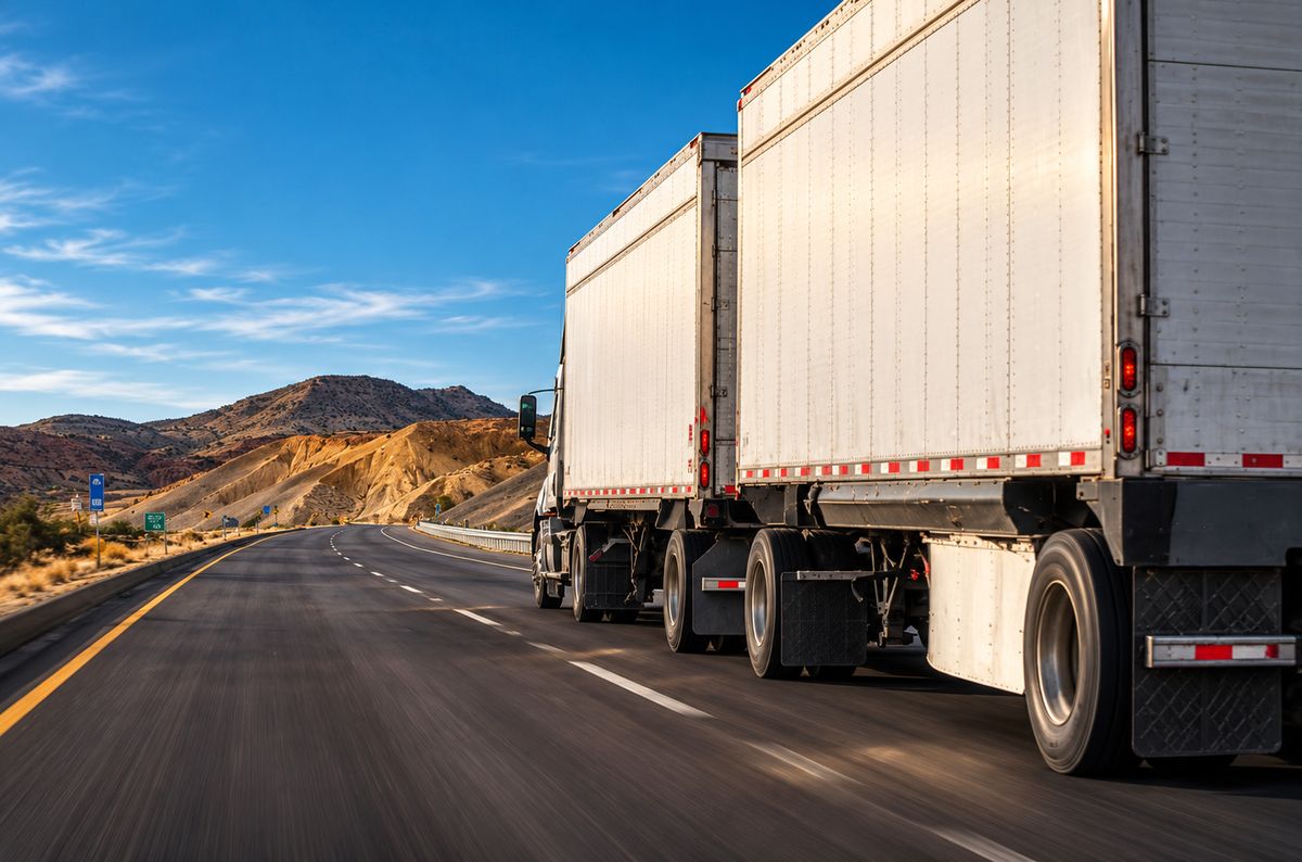 Tractocamión en configuración full con dos remolques circulando por carretera