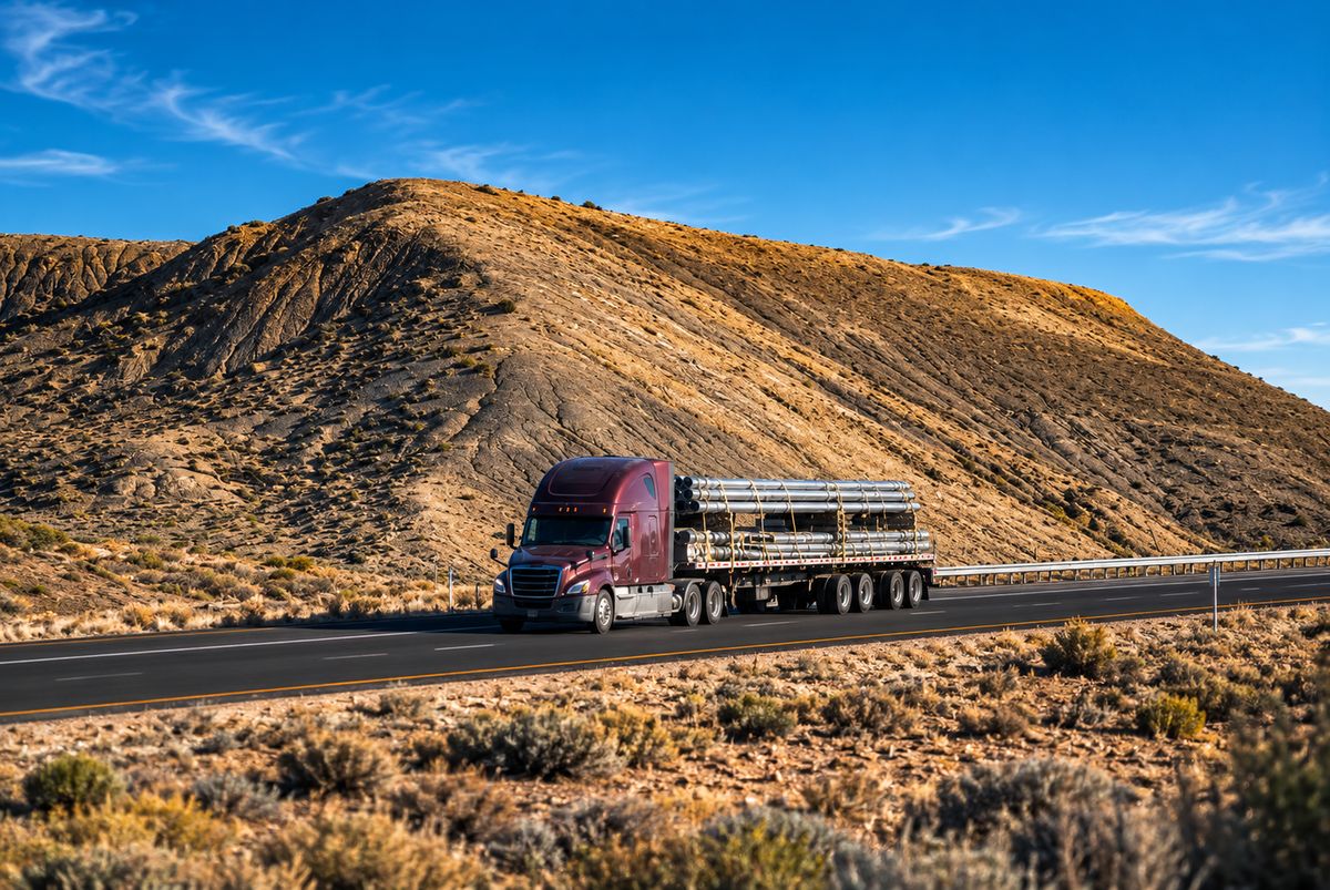 Tractocamión con remolque tipo plataforma cargado con tubería de acero en carretera