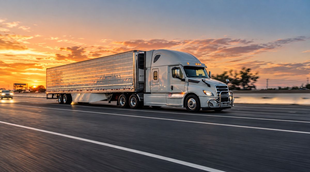 Tractocamión con un remolque de caja seca circulando por autopista al atardecer
