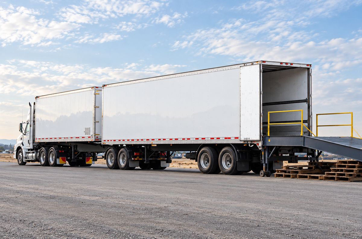 Tractocamión en configuración full con dos remolques de caja seca en andén de carga